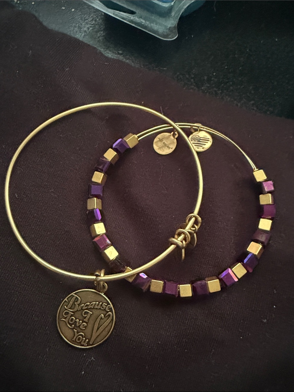 Alex and Ani Gold Tone Hoop Bracelets with Purple Cubes